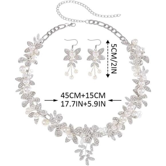 Crystal Flower Bridal Jewelry Set Rhinestone Necklace Earrings Sets Pearls - Picture 5 of 8
